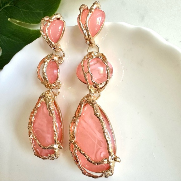 2/$30🌵 Peach Large Stone Drop Gold Cage Earrings Statement Long Jewelry NEW - Picture 6 of 9